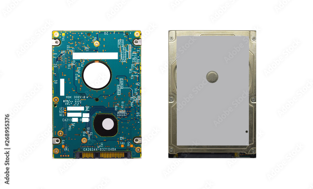 Hard disk for storing data in notebooks Front and back, white background Hard disk for storing data in notebooks Front and back, white background