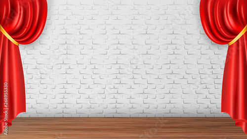 Design Interior Of Theater Spectacle Scene Vector. Theatre Stage Or Concert Hall With Red Curtains, White Brick Wall And Wooden Floor. Decorate For Festival Show Realistic 3d Illustration