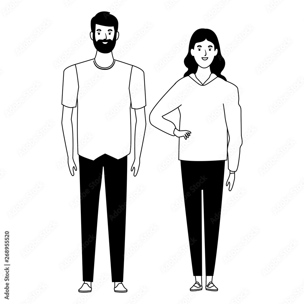 couple avatar cartoon character in black and white