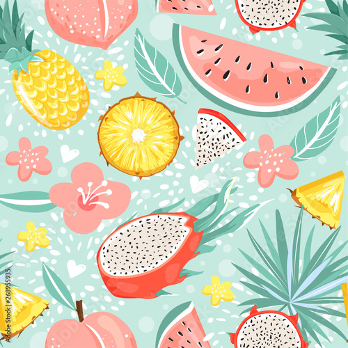 Seamless pattern with pineapple, dragon fruit, watermelon, peach, flowers, leaves and heart. Summer vibes. Vector texture for textile, postcard, wrapping paper, packaging etc. Vector illustration.