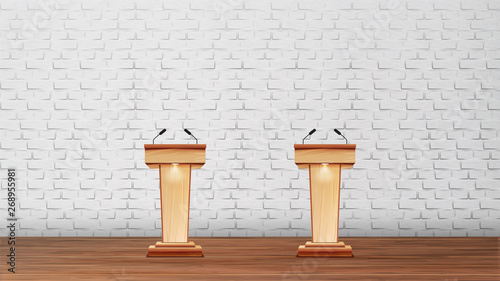 Interior Of Conference Room For Debates Vector. Equipment For Debates Wooden Podium Stages With Microphones For Speech Isolated On White Brick Wall Background. Realistic 3d Illustration