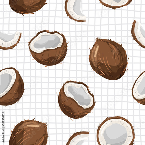 Modern seamless pattern with coconut and slices. Summer vibes. Vector texture for textile, postcard, wrapping paper, packaging etc. Vector illustration on checkered background.