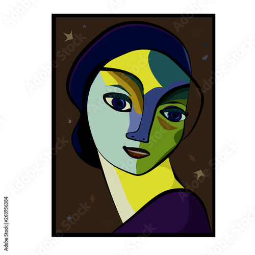 Colorful abstract background, cubism art style, girl with blue beret portrait