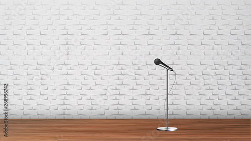 Platform For Stand Up Comedy Show Template Vector. Silver Metal Leg Microphone, Wooden Floor And White Brick Wall Interior Of Club Platform For Humor Performance. Realistic 3d Illustration