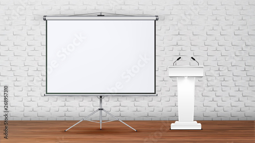 Interior Of Modern Boardroom For Lecture Vector. White Tribune With Microphones, Projection Screen On Tripod And Brick Wall On Background Of Conference Room Interior. Realistic 3d Illustration
