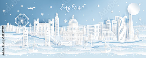 Famous Travel Landmark and Attraction in England, Postcard, Poster, Banner, Cover Image, Advertising Template, Object and Element in Paper Cut and Origami Style Panorama Background Vector Illustration