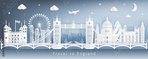 Famous Travel Landmark and Attraction in England, Postcard, Poster, Banner, Cover Image, Advertising Template, Object and Element in Paper Cut and Origami Style Panorama Background Vector Illustration