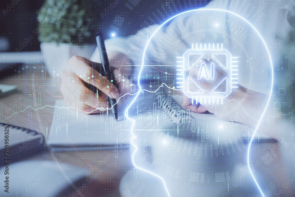 Multi exposure of writing hand on background with brain hologram. Concept of self learning. Multi exposure of writing hand on background with brain hologram. Concept of self learning.