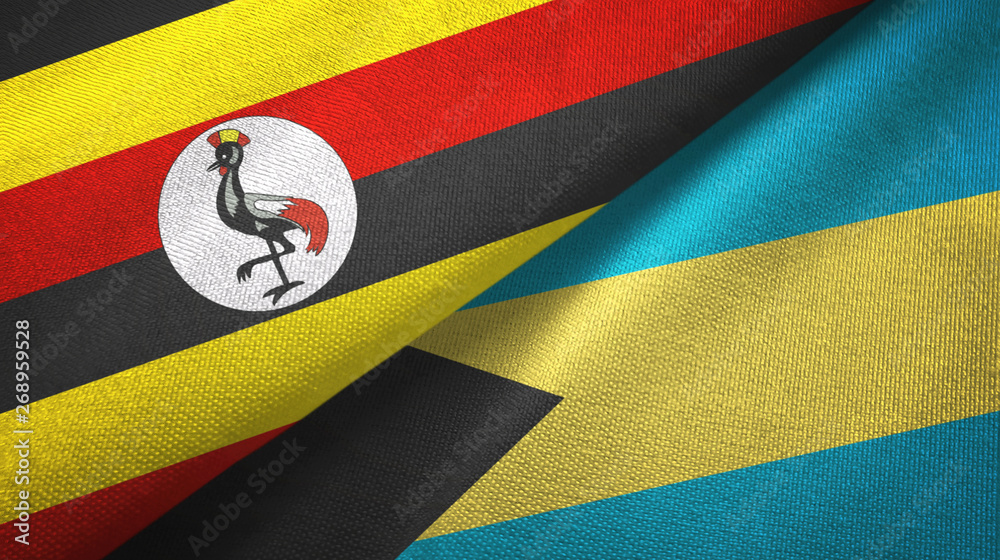 Fototapeta premium Uganda and Bahamas two flags textile cloth, fabric texture 