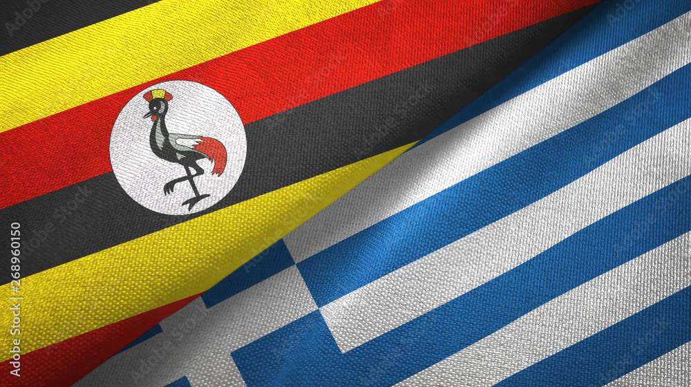 Fototapeta premium Uganda and Greece two flags textile cloth, fabric texture
