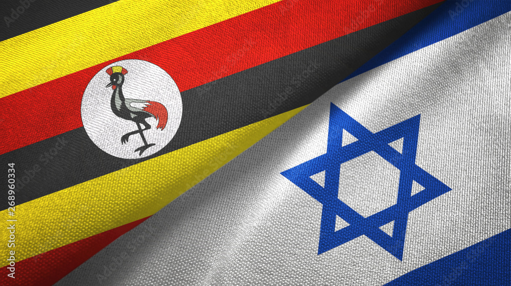 Fototapeta premium Uganda and Israel two flags textile cloth, fabric texture