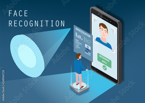 Isometric design. The smartphone scans the face of a person. Biometric identification, male