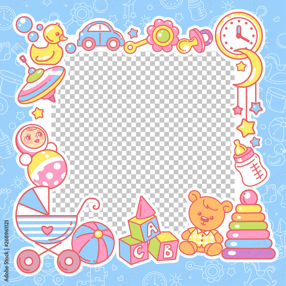 Vector frame with baby objects. Toys, accessories, clothes with transparent frame. Vector frame with baby objects. Toys, accessories, clothes with transparent frame.