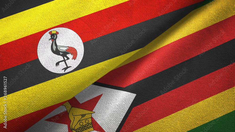 Fototapeta premium Uganda and Zimbabwe two flags textile cloth, fabric texture
