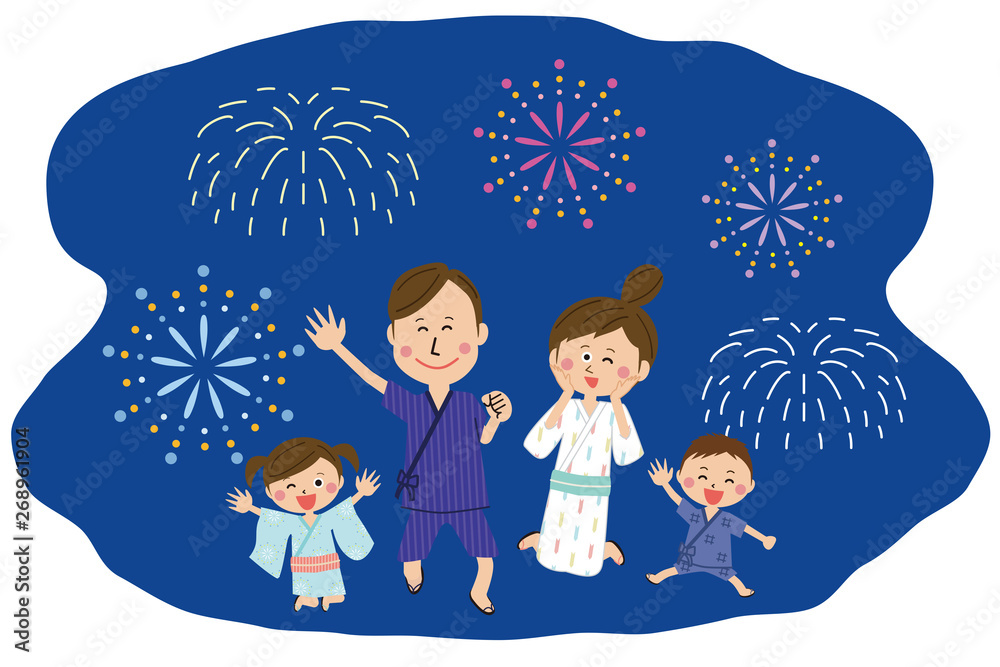 Fototapeta premium ポップな家族 浴衣を着て元気にジャンプ 夜の花火