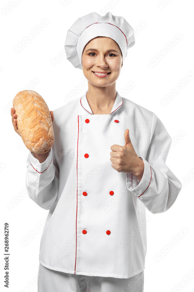 Female baker with bread showing thumb-up gesture on white background ...