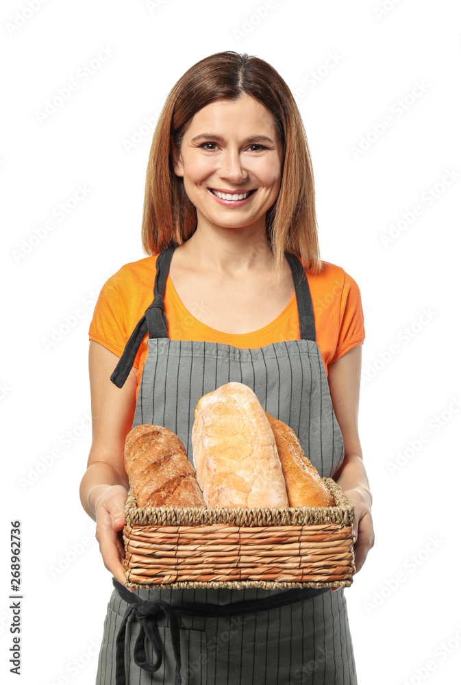 Female baker with bread on white background Female baker with bread on white background