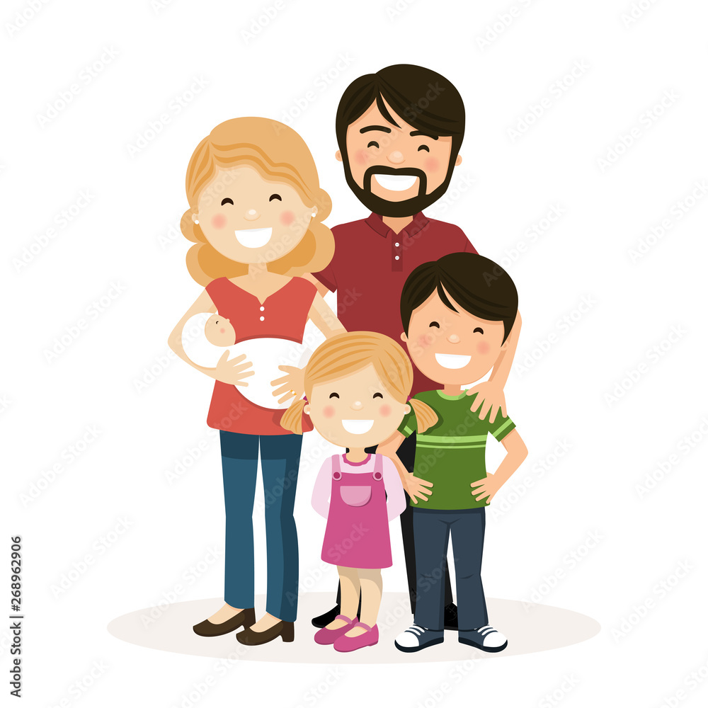 Happy family with parents, children and babyborn