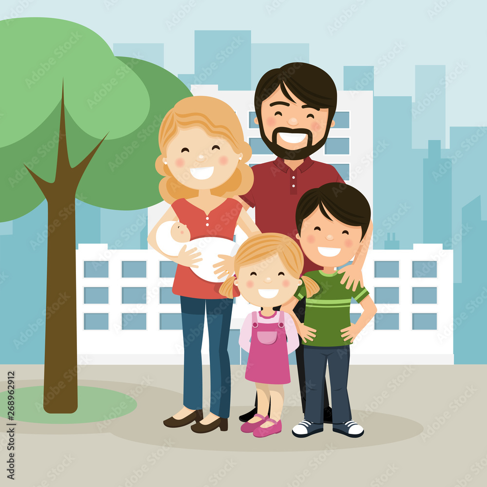 Happy family with parents, children and babyborn in a garden Happy family with parents, children and babyborn in a garden