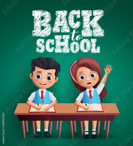 Back to School kids vector design. Boy and girl students sitting on the desk studying lessons and wearing uniform with back to school text in blackboard background. Vector illustration