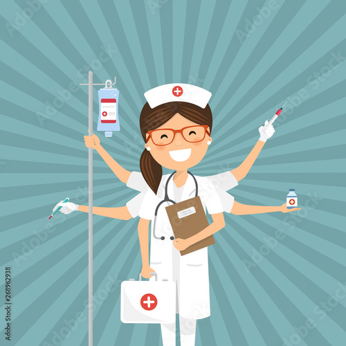 Nurse multitasking on a retro background