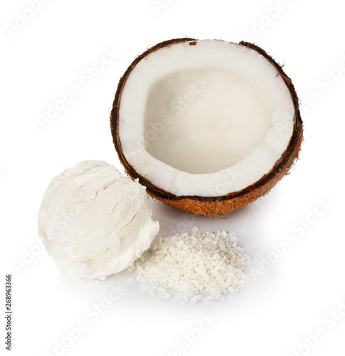 Tasty coconut ice cream on white background
