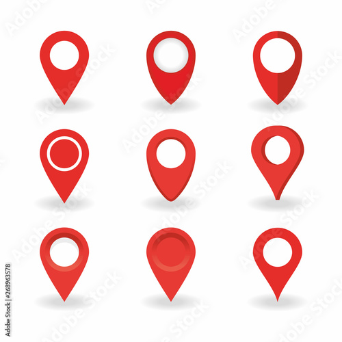 Sign location red pins. Map point vector set. Coordinates position button symbol. Navigation icons on a white background.