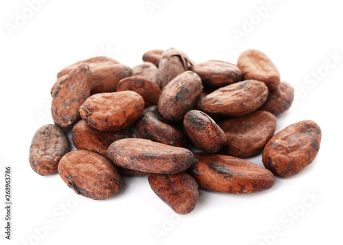 Cocoa beans on white background