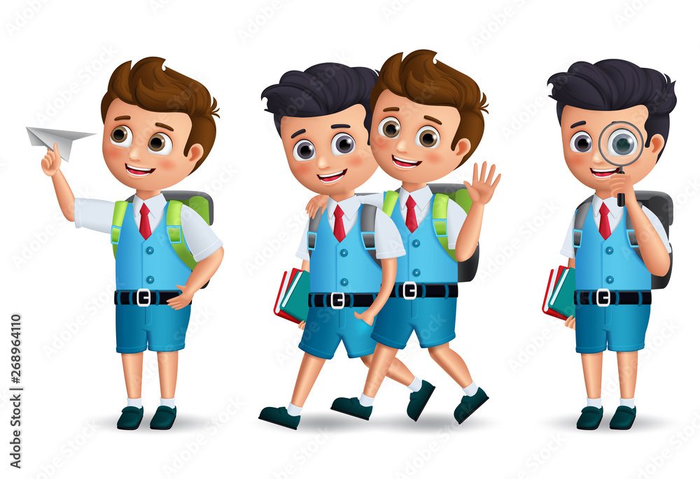 School boys vector character set. Student kids holding school items walking and talking with classmates isolated in white background for back to school. Vector illustration. School boys vector character set. Student kids holding school items walking and talking with classmates isolated in white background for back to school. Vector illustration.