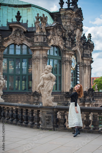 Woman in Old Europe, vacation and travelling time. Vintage style in clothes and view. Trip in Germany