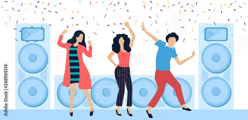 Party festive poster with people, loudspeakers and confetti. Flat style design.