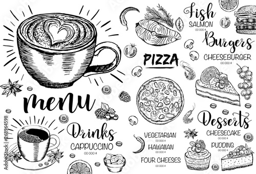 Restaurant cafe menu, template design. Hand drawn.
