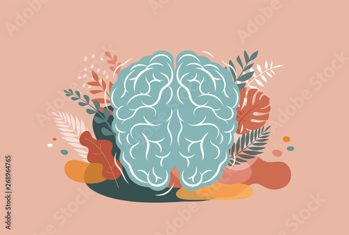 Brain, mind and mindfulness concept illustration. Vector background and poster with leaves and nature