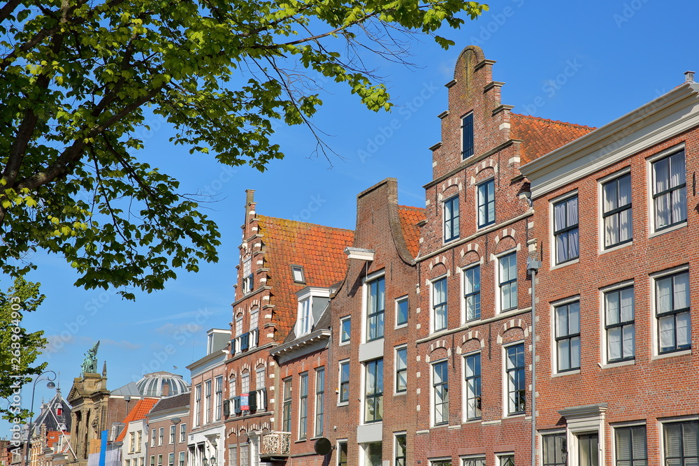 Traditional and colorful facades located along Spaarne river, with the Teylers Museum on the left, Haarlem, Netherlands