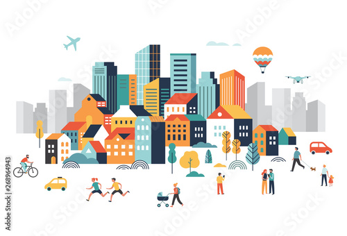 Foto Smart city, landscape city centre with many building, airplane is flying in the sky and people walking, running in park