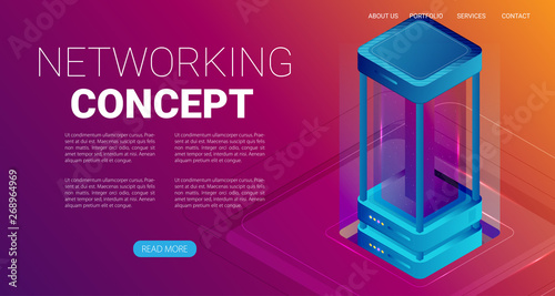 Concept of big data processing, energy station of future, server room rack, data center isometric vector illustration