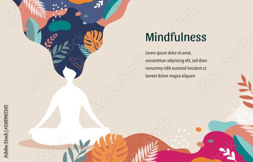 Mindfulness, meditation and yoga background in pastel vintage colors - women sitting with crossed legs and meditating. Vector illustration photo
