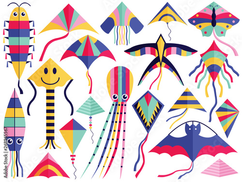 Flat flying wind kites set with tales, ribbons and ornaments. Kite festival elements of different types and shapes. Such as octopus, swallow, bat, butterfly, smile, squid and caterpillar.