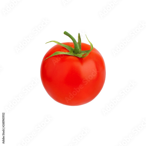 One red tomato with green leaves and stem on white background isolated closeup, single beautiful round ripe tomato, design element for label