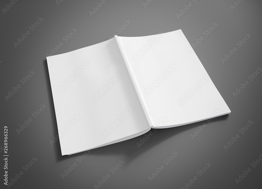 Open magazine soft cover mockup isolated on grey background 3d rendering Open magazine soft cover mockup isolated on grey background 3d rendering