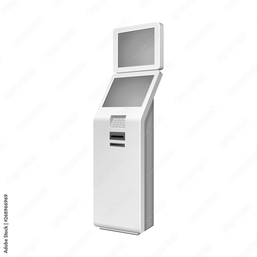 Outdoor White. Payment Terminal. ATM, POS, POI Advertising Stand On White Background. 3D Mock Up, Template. Illustration Isolated On White Background. Vector EPS10 Outdoor White. Payment Terminal. ATM, POS, POI Advertising Stand On White Background. 3D Mock Up, Template. Illustration Isolated On White Background. Vector EPS10