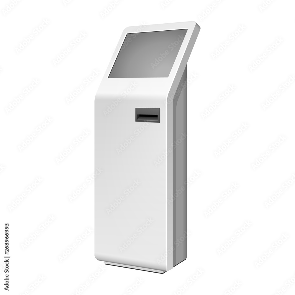 Outdoor White. Payment Terminal. ATM, POS, POI Advertising Stand On White Background. 3D Mock Up, Template. Illustration Isolated On White Background. Vector EPS10 Outdoor White. Payment Terminal. ATM, POS, POI Advertising Stand On White Background. 3D Mock Up, Template. Illustration Isolated On White Background. Vector EPS10