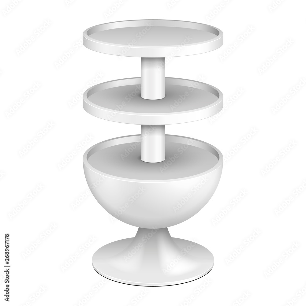 Round Cardboard Floor Display Rack For Supermarket Blank Empty With Shelves. Illustration Isolated On White Background. Ready For Your Design. Product Advertising. Vector EPS10 Round Cardboard Floor Display Rack For Supermarket Blank Empty With Shelves. Illustration Isolated On White Background. Ready For Your Design. Product Advertising. Vector EPS10