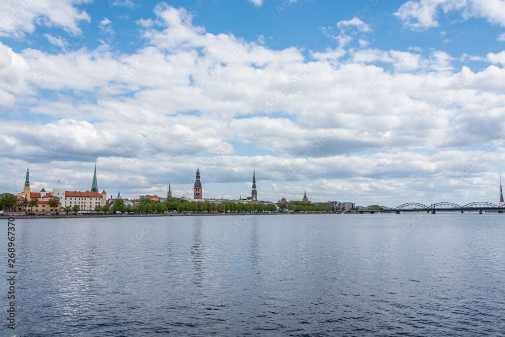 River and Cityscape of Riga Latvia on a Partly Cloudy Day