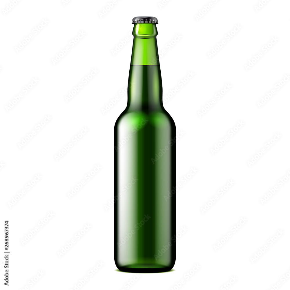 Glass Dark Green Beer, Ale, Cider Bottle. Carbonated Soft Drink. Mock Up Template. Illustration Isolated On White Background. Ready For Your Design. Product Packaging. Vector EPS10 Glass Dark Green Beer, Ale, Cider Bottle. Carbonated Soft Drink. Mock Up Template. Illustration Isolated On White Background. Ready For Your Design. Product Packaging. Vector EPS10