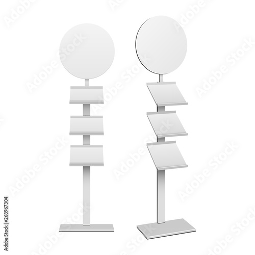 Blank Empty Show Box Holder For Fliers, LeafletsRetail. Shelves Floor Display Rack For Supermarket, Bank. Mock Up. 3D On White Background Isolated. Ready For Your Design. Product Advertising. Vector