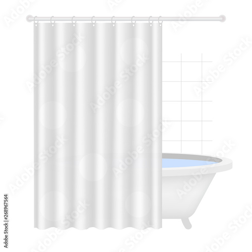 Mockup for bath curtain. You can easy to change color and pattern. Vector illustration of a bathroom with a bathtub, curtain with bubbles pattern and a white tile on white  background.