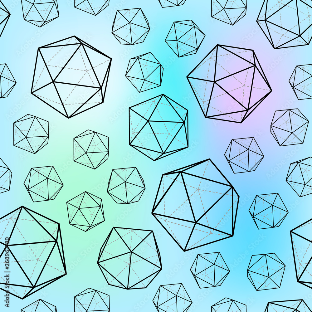 Geometric pattern with icosahedral 3d forms. Volumetric shapes polyhedrons on blur background. Geometric pattern with icosahedral 3d forms. Volumetric shapes polyhedrons on blur background.