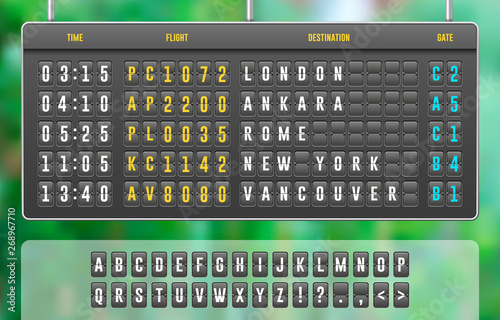 Mechanical Realistic Flip Scoreboard, Arrival Airport Board With Letters, Numbers, Time Display Board For Airport Schedule, Train Destination Timetable. Green Summer Garden Background. Vector EPS10
