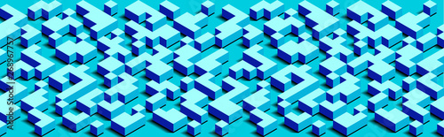 Abstract Isometric Modern Horizontal Pixel Background. 3D Geometric Composition. Blue Texture. Spatial Figures, Cubes, Parallelepipeds. Creative Template For Advertising Poster, Cover, Banner